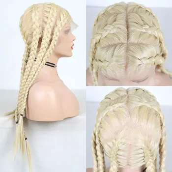 

Bombshell Synthetic Full Lace Braided Wig Honey Blonde Long Straight Heat Resistant Fiber Hair Natural Hairline For Women Wigs