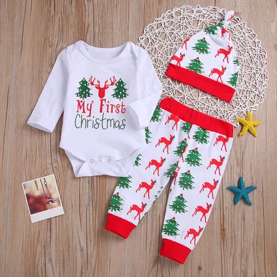 Рождественская Одежда для новорожденных мальчиков и девочек; комплект из 3 предметов; топы; комбинезон; комплекты со штанами; рождественские комплекты одежды с длинными рукавами для малышей