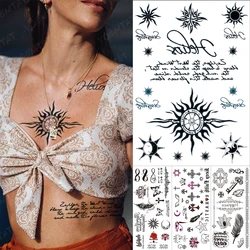 Black Sun Clock Compass Waterproof Temporary Tattoo Stickers Black Word Text English Letter Feather Moon Flash Tattoos Women Men