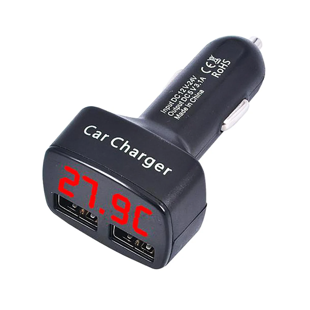 Зарядное устройство для автомобиля с двумя USB портами, измерением температуры, вольтметром и амперметром(4 в 1 - Название цвета: Black - Red Light