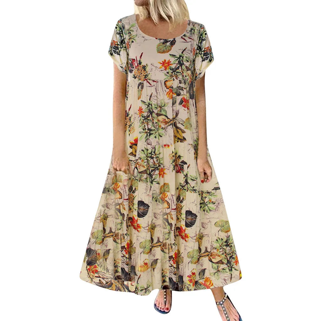 Women Dress Summer Womens Plus Size Casual Short Sleeve Boho Retro Linen Print Long Plus Size Maxi Dress 5xl