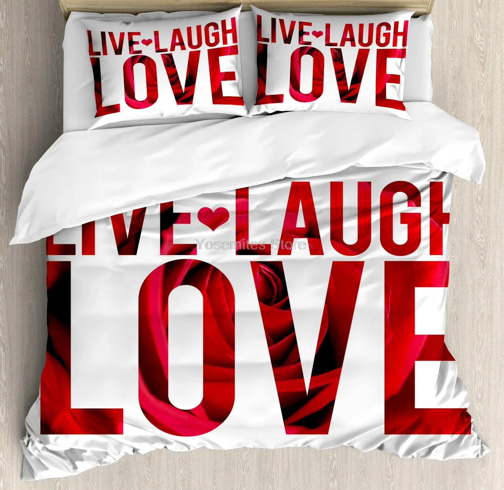 

Live Laugh Love Duvet Cover Set, Typographic Montage Words Macro Rose Petals Texture Print, Decorative 3 Piece Bedding Set with
