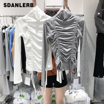 

Autumn Winter T Shirt Woman Korean-Style Temperament Turtle-Neck Slim-Fit Double Drawstring Stretch Long-Sleeve T-shirt Top