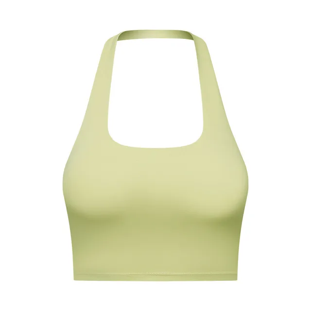 New Design Women Fitness Bra Tight Yoga Vest Sports Tank Top Hanging Neck Tube Top Style Beautyl Back Folds With Removable Chest Algae yellow