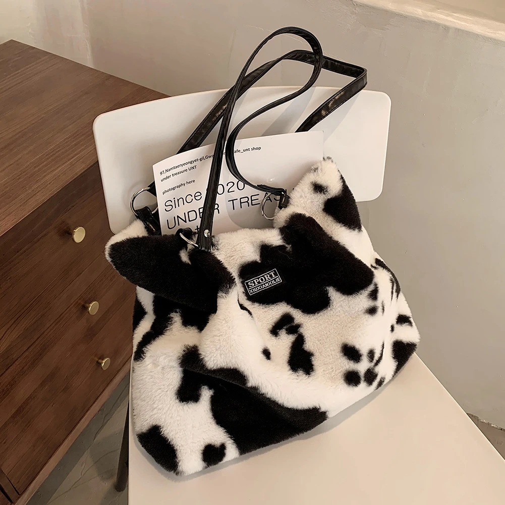 fluffy cow print tote bag