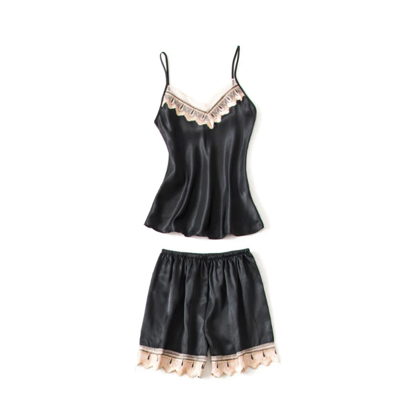 

AIPEACE 2020 Women's Sleepwear Sexy Satin Pajama Set Black Lace V-Neck Pyjamas Sleeveless Cute Cami Top and Shorts