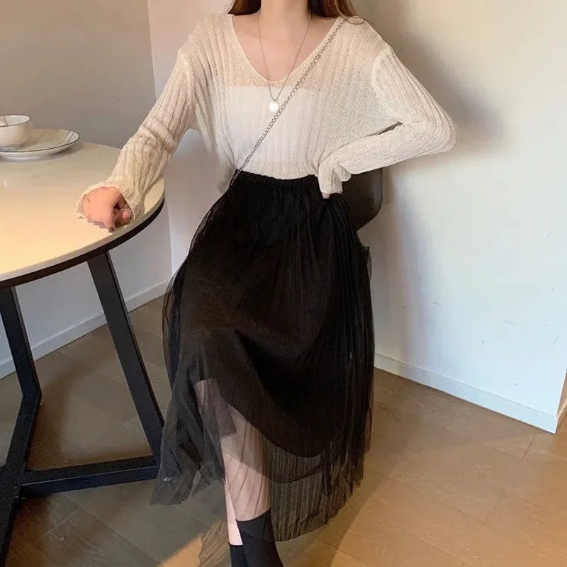 Faldas de malla elegantes para mujer, faldas plisadas de alta, ajustadas por debajo de la rodilla, lisas, a la moda, estilo coreano para primavera y verano - AliExpress Ropa de mujer