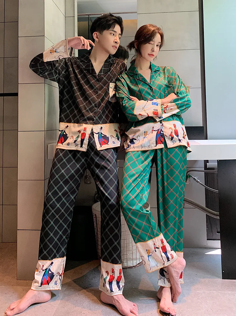 Unisex Adult Couple Pajamas Summer Long-sleeved 2 Pieces Ice Silk Female Cartoon Pajamas Set Long Sleeve Men Home Service Suit black pajama pants