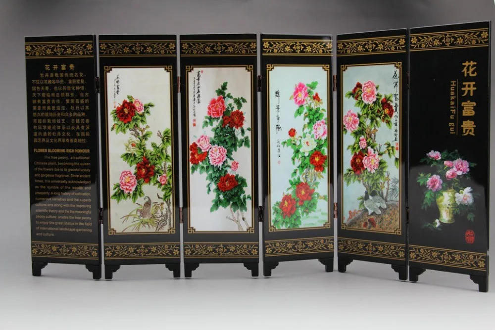 Chinese woodcarving screen lacquer peony flower calligraphy and painting decorative crafts room divider screen,wooden wall panels