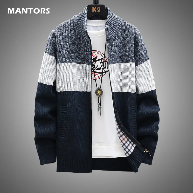 Suéter ajustado para hombre, cárdigan de primavera, ropa de calle gruesa y cálida, abrigo de punto de retales, 2021