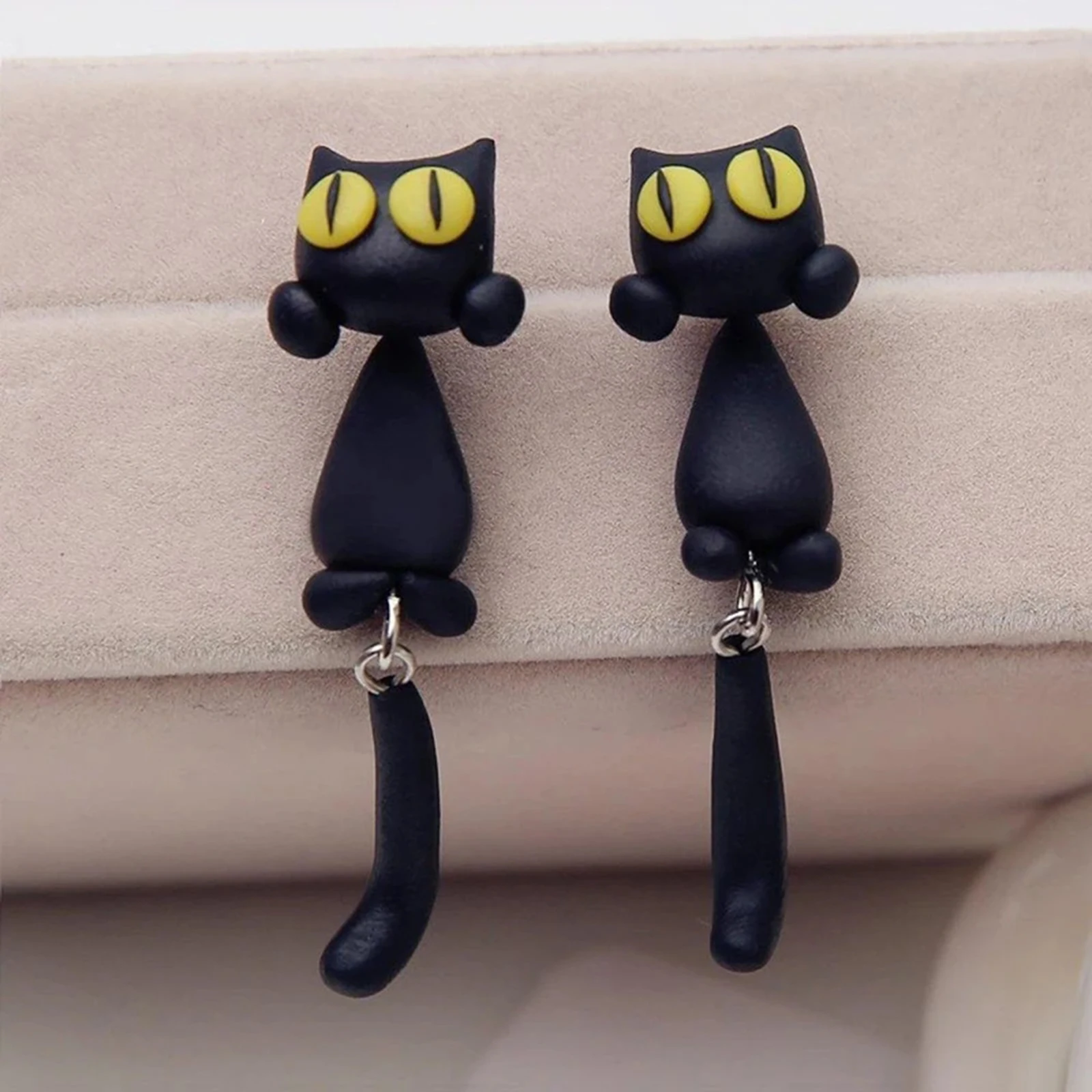 Funny Cartoon Cat Earrings Unique Women's Yellow-Eye Cat Long Tail Splits Type Cute Fashion Dangler Women Ear Stud For Girls dangle earrings,animal earrings,drop earrings,pendant earrings,long earrings
