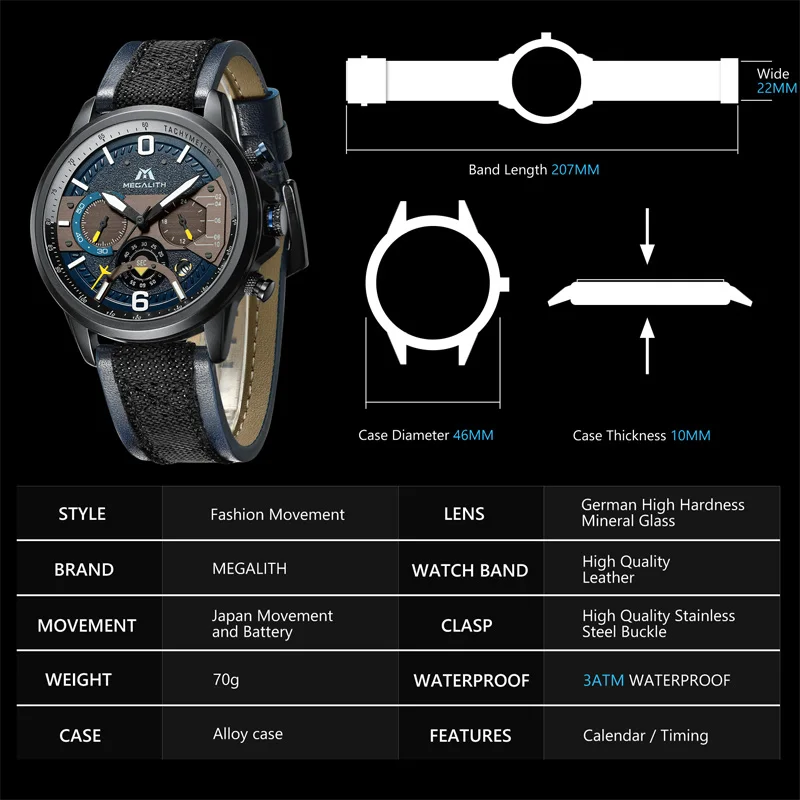 MEGALITH мужские спортивные водонепроницаемые часы от ведущего бренда, Роскошные военные кварцевые часы с кожаным ремешком для мужчин, часы с хронографом 8083 м