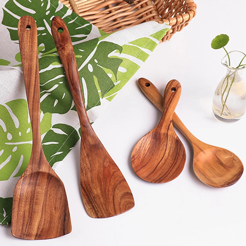7 видов, деревянная лопатка из тайского тика, лопатка с рисовой ложкой, большой совок для приготовления пищи, деревянная кухонная посуда