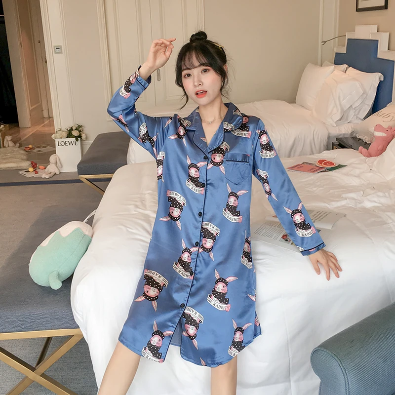 WAVMIT Осенняя шелковая женская пижама, сексуальная удобная женская ночная рубашка с длинным рукавом и принтом, одежда для молодых девушек, вечерние ночные рубашки - Цвет: C Q 9806 lan