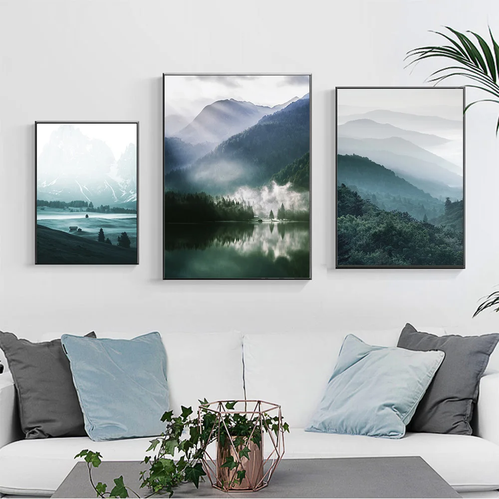 

Mountain Forest Fog Canvas Poster Painting Lake Trees Natural Scenery Prints Landscape Wall Art Picture Living Room Home Decor