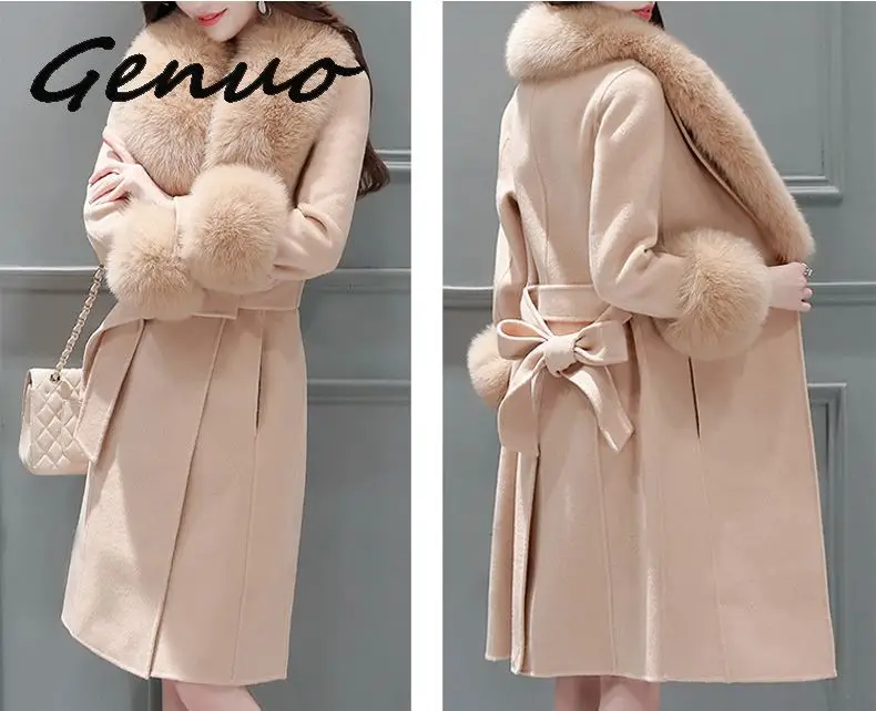 Genuo элегантный тонкий длинный Тренч женский осенне-зимний Полушерстяное пальто женский шерстяной жакет с длинным рукавом Меховая верхняя одежда