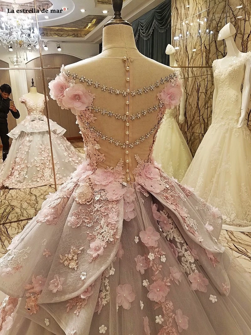 Свадебное платье принцессы, кружевное платье с круглым вырезом, 3 d, с цветами, с бисером, с короткими рукавами, розовое, серебряное, дубайское, с блестками, Пышные свадебные платья