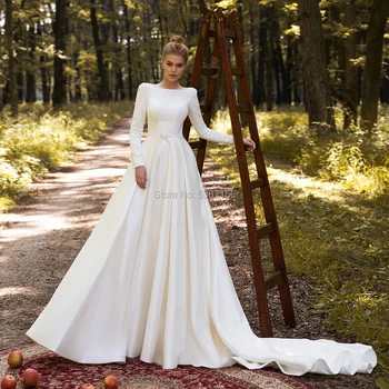 

Simple Wedding Dresses Open Back A Line Long Sleeves Bridal Gowns Court Train Beading Belt Vestidos De Noiva 2020