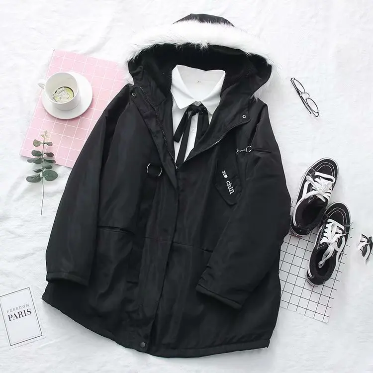 

Korean-style Fall And Winter Clothes New Style Embroidered Hooded Large Fur Collar down Feather Cotton Jacket Mid-length Cotton-
