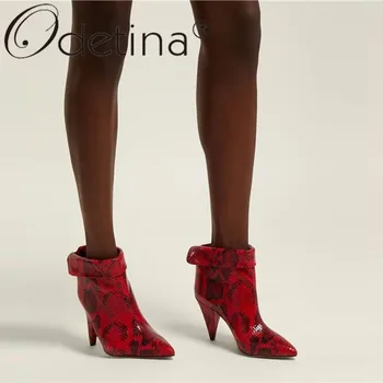 

Odetina New Fashion Genuine Leather Women Spike High Heel Ankle Boots Slip On Snakeskin Pointed Toe Winter Shoes Plus Size 43
