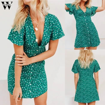 

Womail dress Women Short Sleeve Summer Green Dress V neck Buttons Mini Boho Floral Print Beach Evening Party beach holiday 81