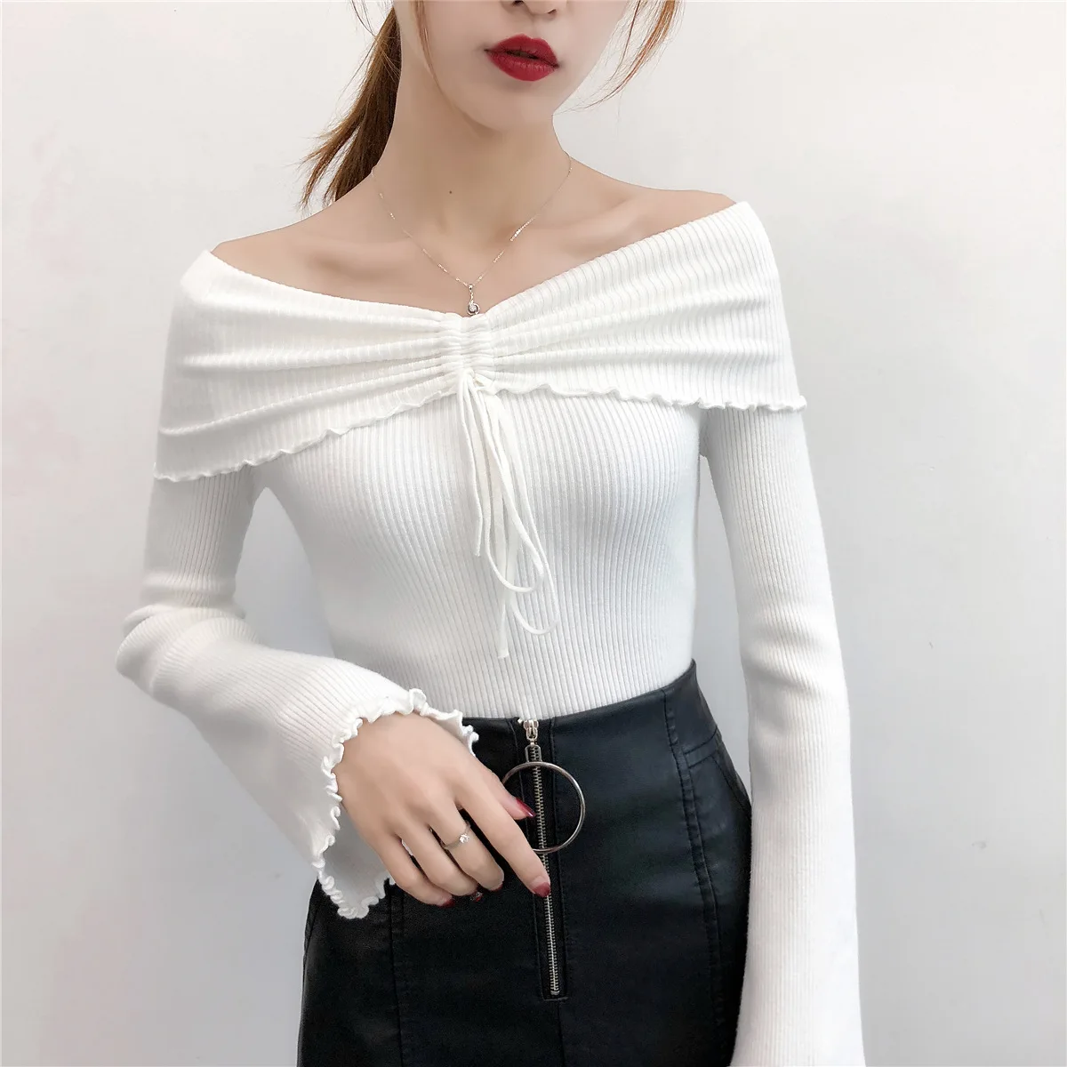 

2019 Autumn And Winter New Shirt Korean One Word Collar Shoulder Trumpet Sleeve Knit Shirt Long-sleeve Women free shipping