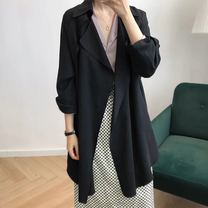 

Europe Black Long Coat Autumn Street Fashion Trench Coat Spring Casual Thin British Style Girl Lapel Real Picture Vitality