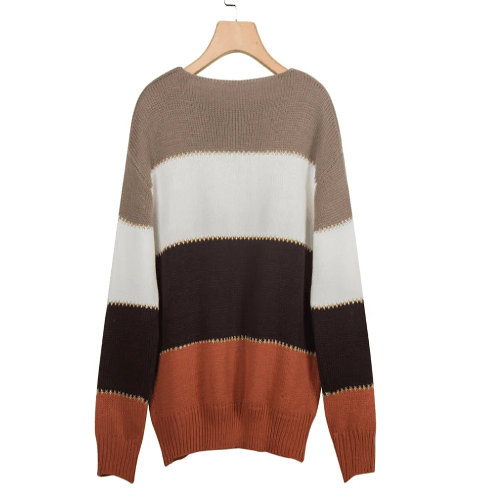 Модный женский свитер в полоску, Осень-зима, свитер с круглым вырезом и длинным рукавом, Свободный вязаный пуловер в стиле пэчворк, свитер для женщин