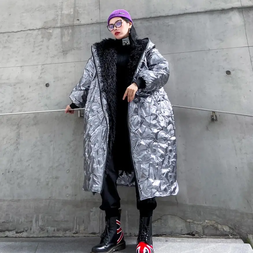 glossy silver Зимнее пальто из глянцевой ткани в уличном стиле, плотное теплое пальто из искусственного меха, пальто с капюшоном большого размера, женское длинное плотное теплое хлопковое пальто F622 - Цвет: glossy silver