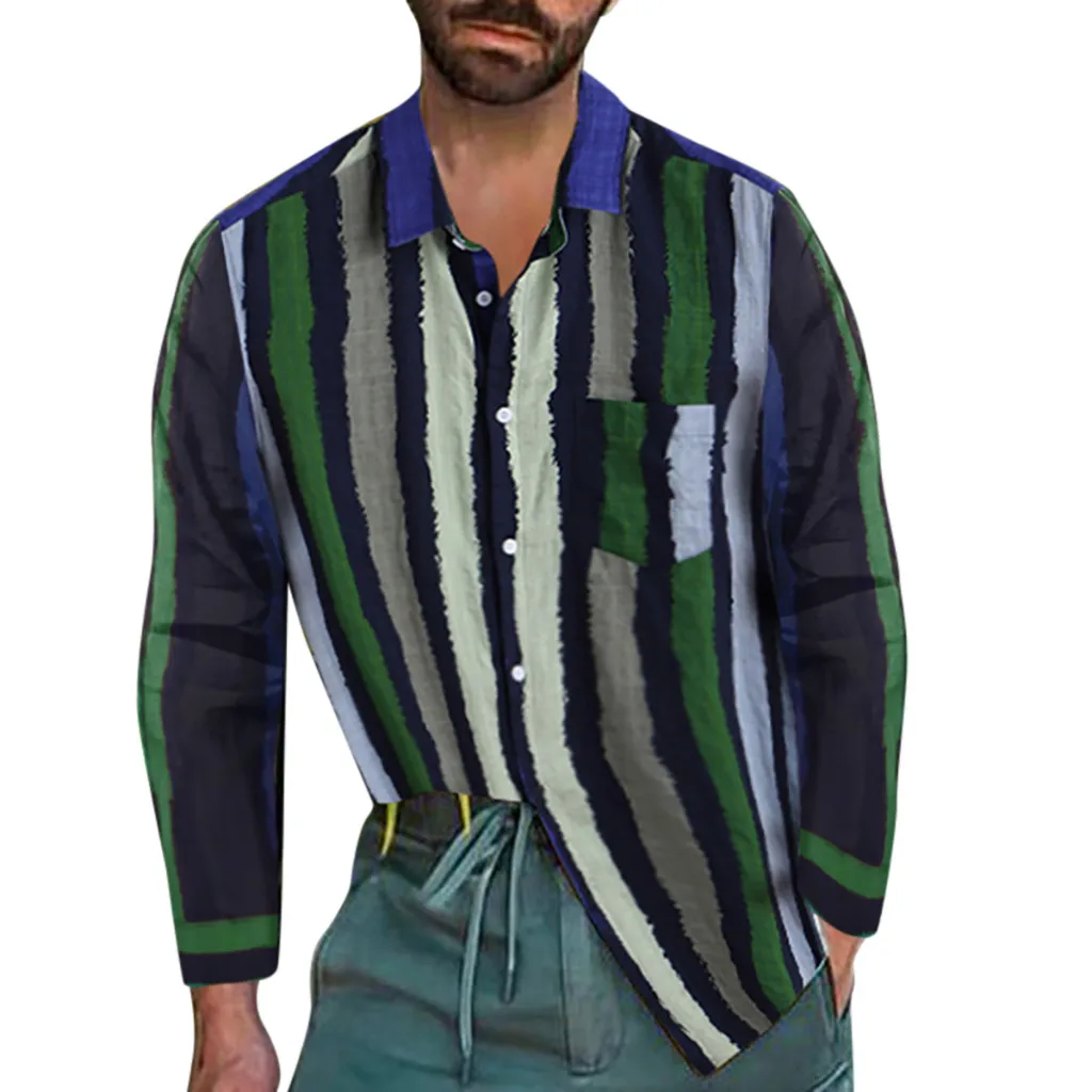 

2019 Men Casual Shirts Autumn New Fashion Men's Fashion Casual Stripe Printing Cotton Linen Long-sleeved Shirt Tops Blouse shirt