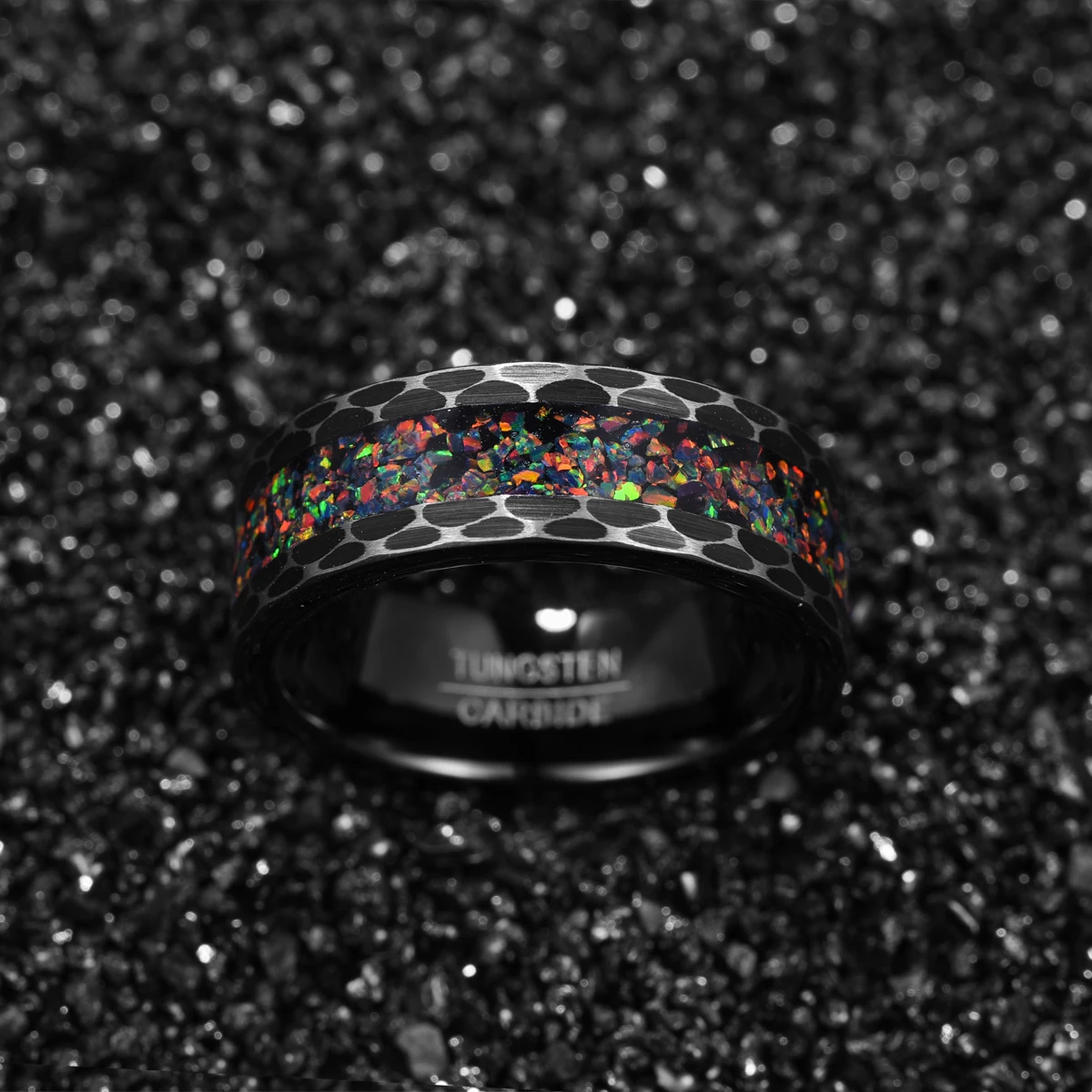 Edge Batch Flower Brushed Inlaid Opal Men's Tungsten Carbide Ring Black Carbon Bague Homme for Mariage Wedding Jewelry