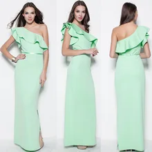 Ck280 длинное Ozhouzhan Новое Стильное хлопковое вечернее платье на одно плечо с воланами и высокой талией тонкое платье