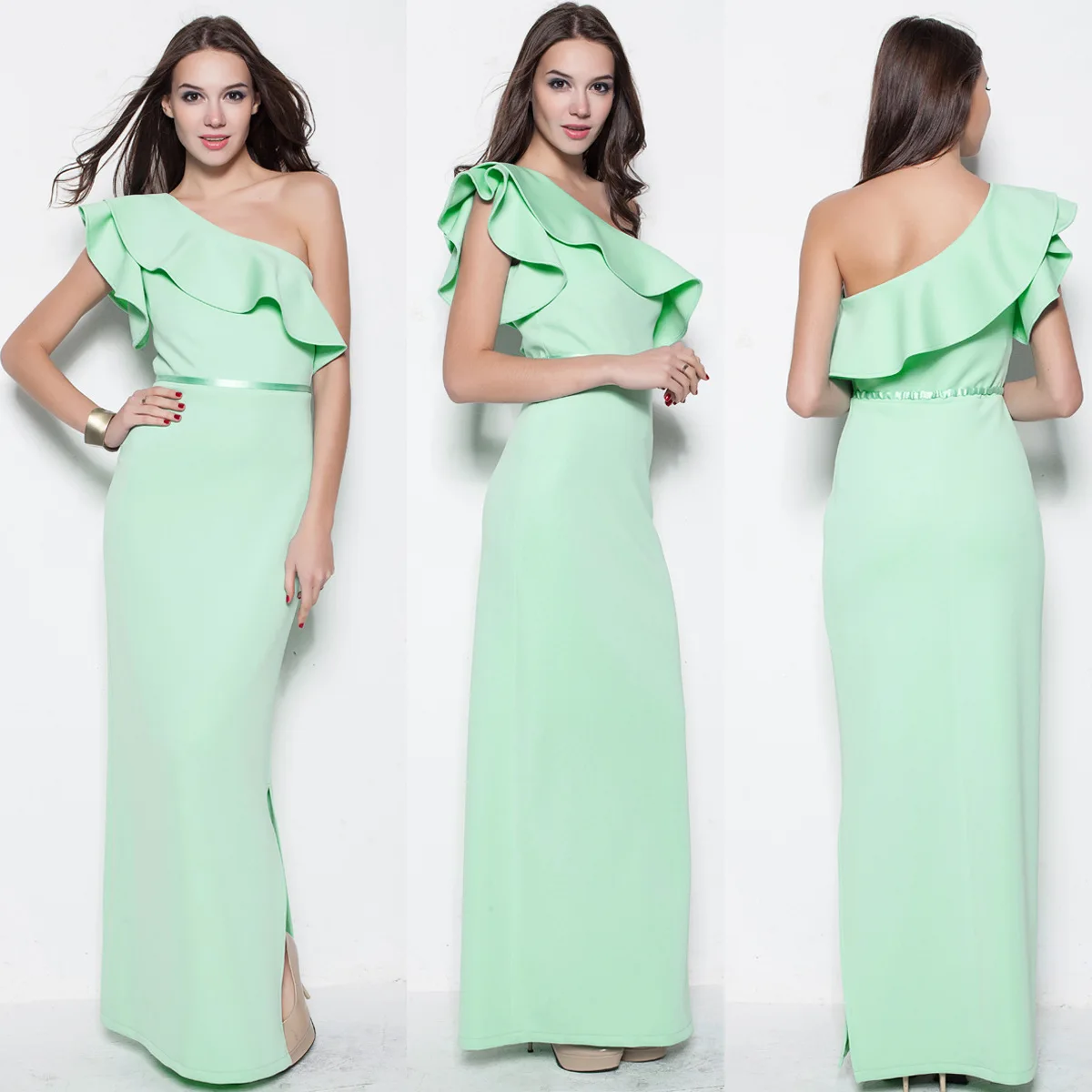 

Ck280 Long Ozhouzhan New Style One-Shoulder Flounced High-waisted Space Cotton Evening Gown Annual General Meeting Slim Dress
