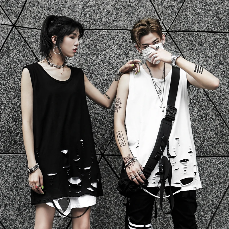 Летняя мужская уличная панк хип-хоп рваная майка с дырками Черный Белый Унисекс винтажная рубашка без рукавов костюм Go-Go нижняя рубашка