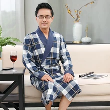 Мужской плед японское кимоно халаты мужские осенние с длинными рукавами хлопок халат Модный повседневный халат мужские халаты