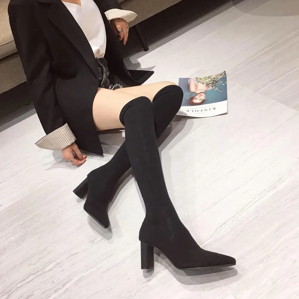 Women High Heel Boots Women Sock Boots Over The Knee Pointed Toe Elastic Fabric Boots Woman Slip On Thick High Heels Stretch Woman Black Brown