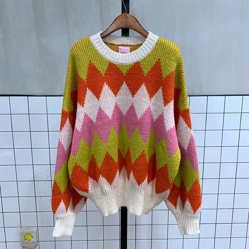 XIBUSANA 2020 Autumn Winter New Patchwork Sweaters Women Long Sleeve Cotton O-Neck Casual Pullovers Rhombus Rainbow Tops Female