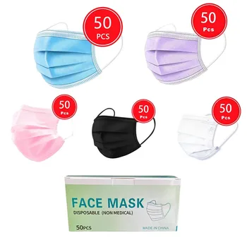 

Non-woven 50PCS Disposable Face Mask Colored Unisex Adult Solid 3Ply Ear Loop Design Mask Disposable Mouth Mask Mascarillas Para