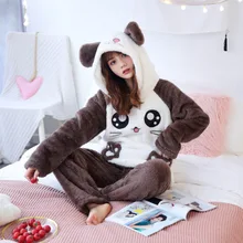 Flannel Warm Pajamas Set Top+pants 2pcs For Women Panda Sleepwear Cartoon Animal Pyjama Women Full Sleeve Nightwear Home Clothes