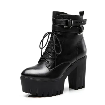 

Womens Autumn Winter Fashion Genuine Leather High Heel Cross Tied Zip Buckle Round Toe Thick Bottom Platform Ankle Boots