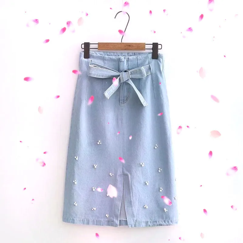 

Non-mainstream Light Mature Elegant Sheath Cowboy Skirt Mid-length Lace-up Beads Denim Skirt Summer Wear for Women J8154