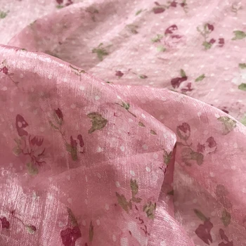 one meter Quality Chiffon tissu Little broken flower wave point with pink background sewing Fashion dress fabric