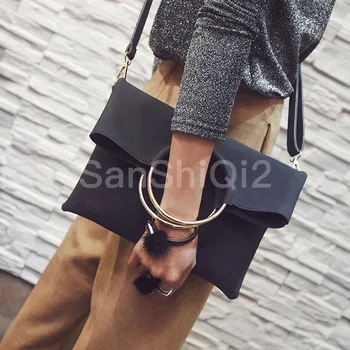 

pieces 2 2019 Fashion new Women Handbags High-quality Matte PU Leather Women bag Open Metal Ring Envelopes Portable Shoulder bag