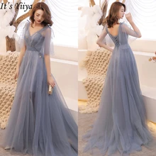 Yiiya вечерние платья, элегантное серое синее вечернее платье с v-образным вырезом, Длинные вечерние платья с бантом, LF187, платье с маленьким шлейфом