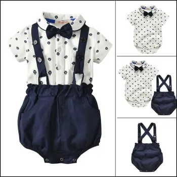 

2PCS Set Infant Baby Boy Bow tie Romper+Bib Pants Overalls Party Outfits Set Boys Gentleman Clothing