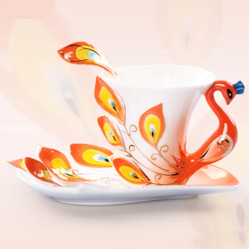 Керамическая цветная эмалированная павлинья чашка с тарелкой кофейная чайная вода питьевая чашка ремесла Декор креативный подарок на день рождения День святого Валентина - Color: Orange
