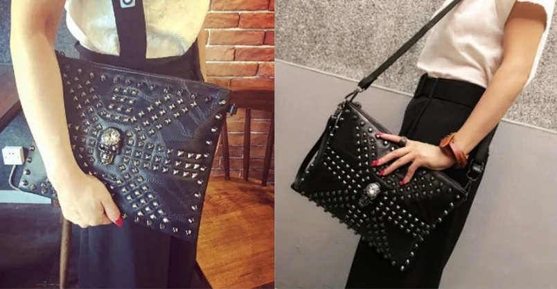 Fashion Skull Women Messenger Bag Rivet Envelope Mini Clutch Cross Small Handbag shopping Mini Black Beach Bag