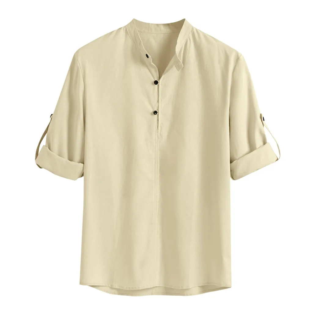 Хаки Рубашка мужская camisa masculina уличная свободная хлопковая смесь сплошного цвета с кнопками рубашки с длинными рукавами Топы мужские рубашки - Цвет: Хаки