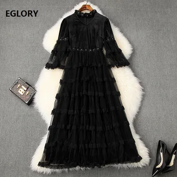 

Ball Gown Party Vestidos 2020 Spring Evening Women Hand Made Beading Flowers Sexy Tulle Mesh Lace Patchwork Vintage Dress Black