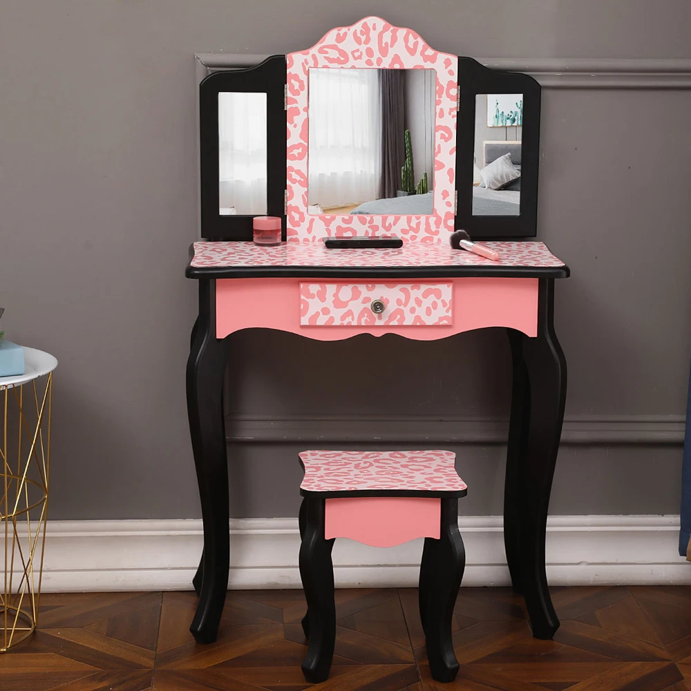 

Three-Fold Mirror Single Drawer Arc Feet Children Kids Girls Dressing Tables Desk+Bench Stool Red Leopard Print Mirror